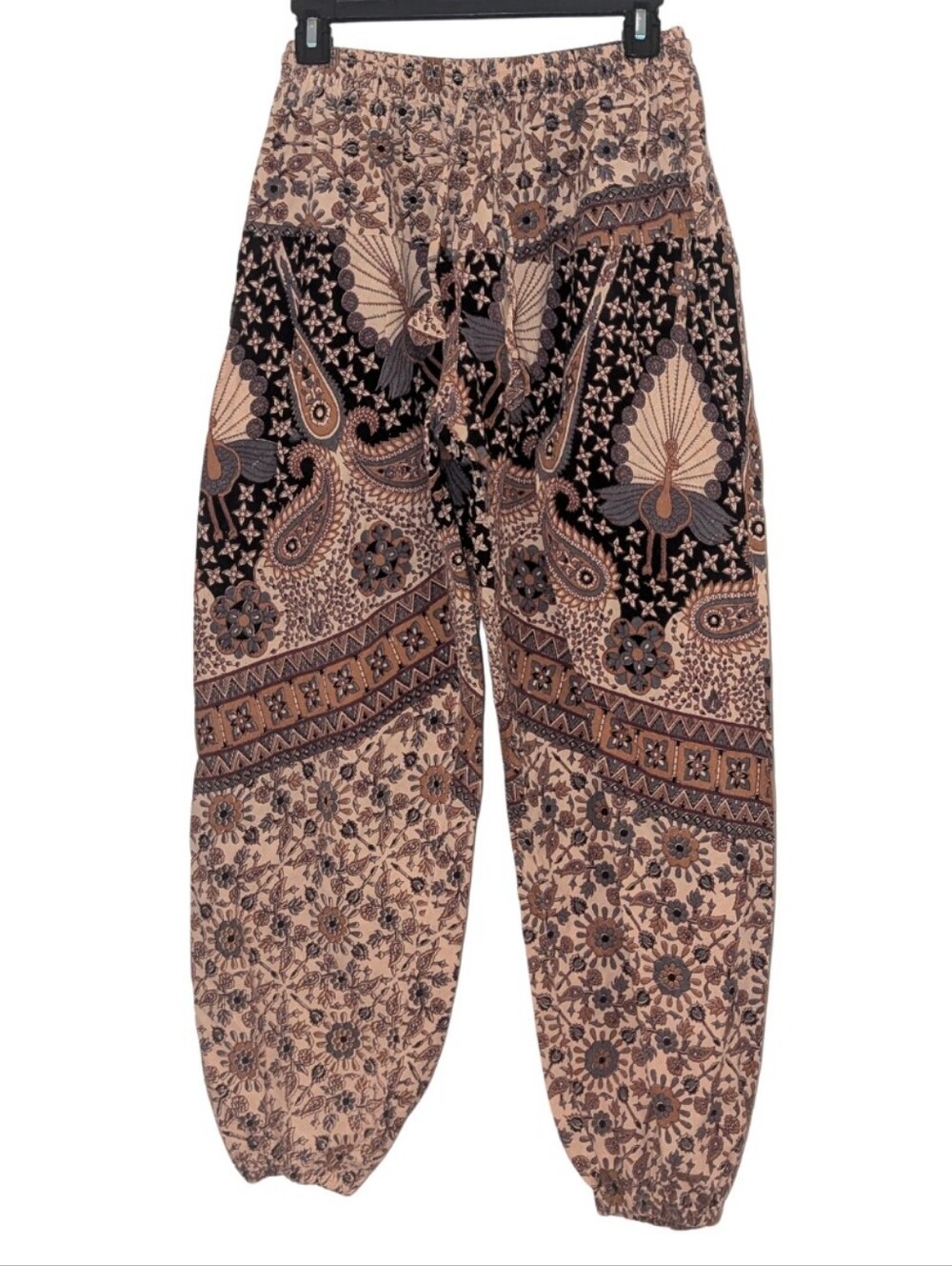 Nepalese Boho Floral Paisley Elastic Waist Harem Pants - Tan & Black